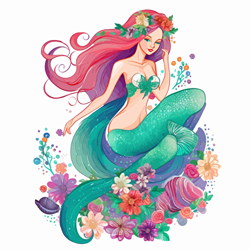 mermaid, detailed, cartoon style, 2d clipart vector, creative and imaginative, floral, hd, white background