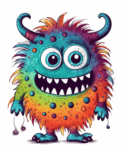 very cute little monster, smiling, handmade children simple doodle, minimalistic, illustration for babies, delicate, vibrant colors, vivid palette, vector art, defined thick black edges, white background, very simple doodle, symmetric, naif doodle, clip art