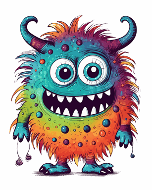 very cute little monster, smiling, handmade children simple doodle, minimalistic, illustration for babies, delicate, vibrant colors, vivid palette, vector art, defined thick black edges, white background, very simple doodle, symmetric, naif doodle, clip art