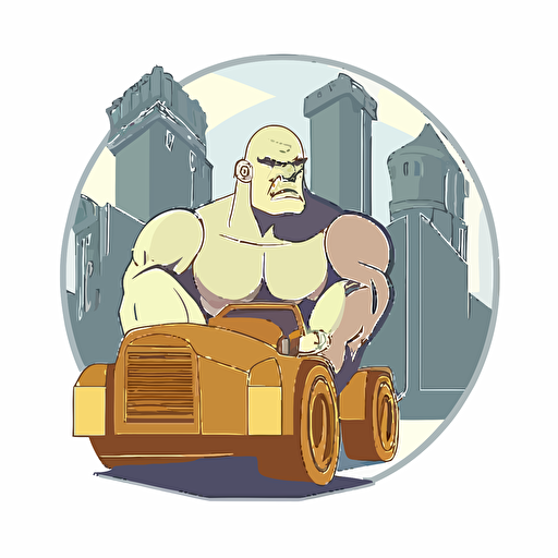 golem driving throu the bad part of the city, vector logo, vector art, emblem, simple cartoon, 2d, no text, white background