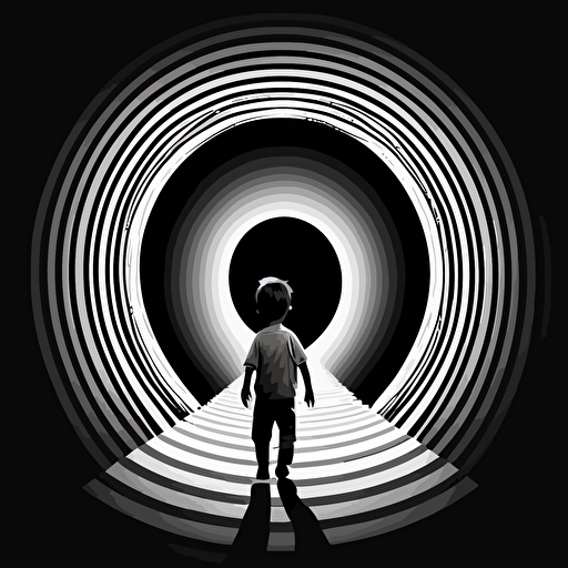 vector image, black and white, eye of the tunnel, tunnel inside of eye, boy walking towards the light