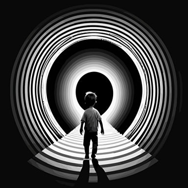 vector image, black and white, eye of the tunnel, tunnel inside of eye, boy walking towards the light