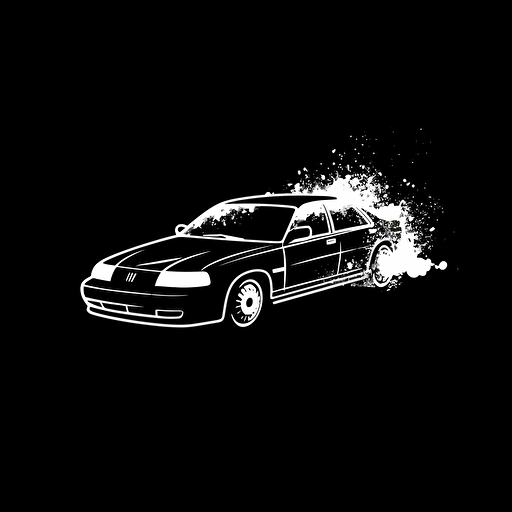 police car on fire, white on black background, no shading, 2D, vector, minimalist, solid line,
