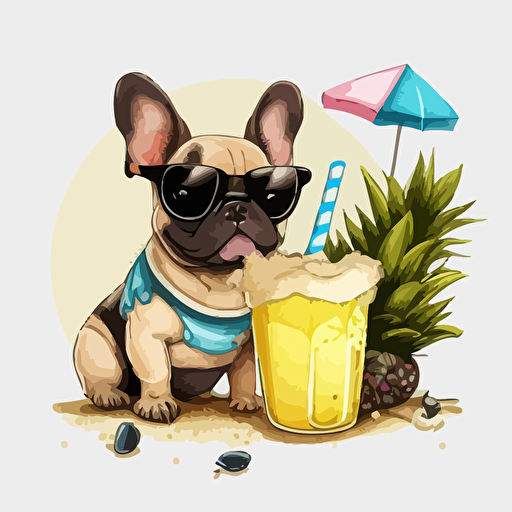 a cute cartoon french bulldog sitting at the beach wearing sunglasses and drinking lemonade, disney, 2d, vector art, transparent background