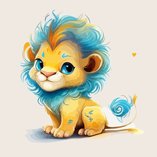 A gorgeous yellow and blue baby fur lion, smiling, white background, vector art , pixar style