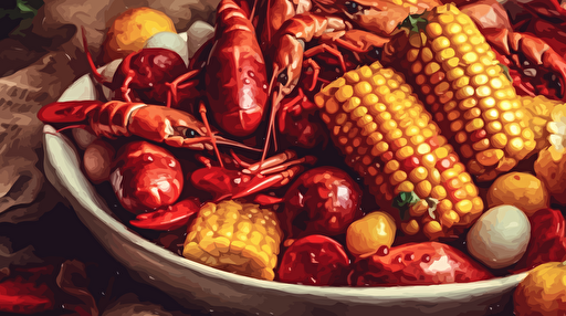 a close up of a crawfish boil, mixture of crawfish, corn cobs, sliced saugages, small red potatoes, vector, oil painting style