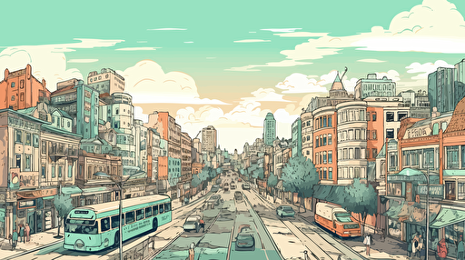 A bustling cityscape with diverse architecture, busy streets, public transportation, green spaces, Adobe Illustrator, Wacom tablet, morning. Vector illustration, RGB color mode.