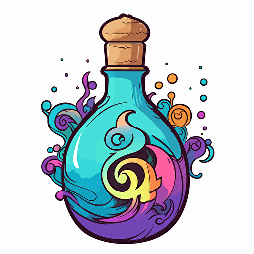 Digital illustration of logo with black outline, white background, cute, colorful cel-shaded potion bottle in Pixar style, prop design, contour, vector art