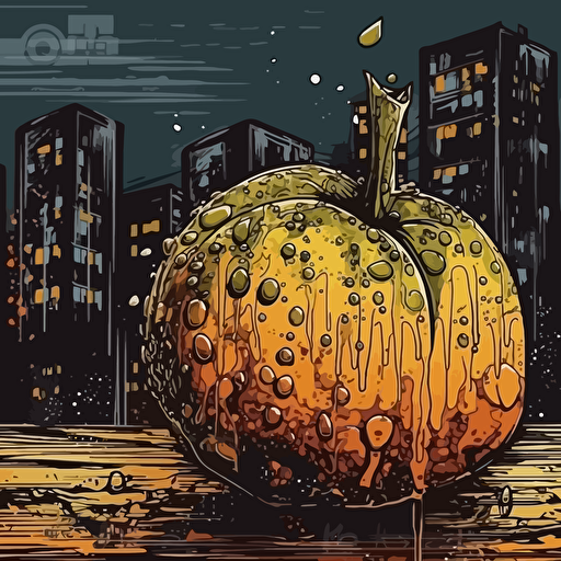 one juicy exotic fruit, urban night scenery, distorted, dimmed lights, depth of field, rough, textured, grainy surface, dusty, vector, colour drips, graffiti, artificial, highres