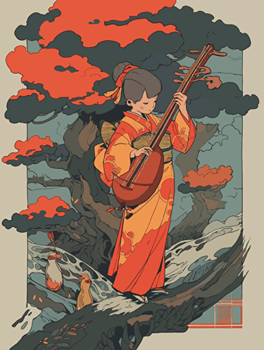 Ukiyo-e style, music culture, body design, folk music, musical theater, pencil case,vector ,2d illustrator,