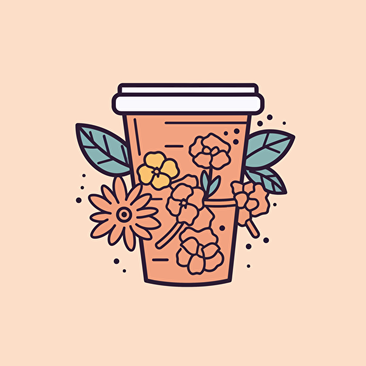 Vector illustration coffee cup with flowers illustration, in the style of patrick caulfield, muted colors, simple line drawings, bill traylor, pseudo, nostalgic, hinchel or sticker white bakcground
