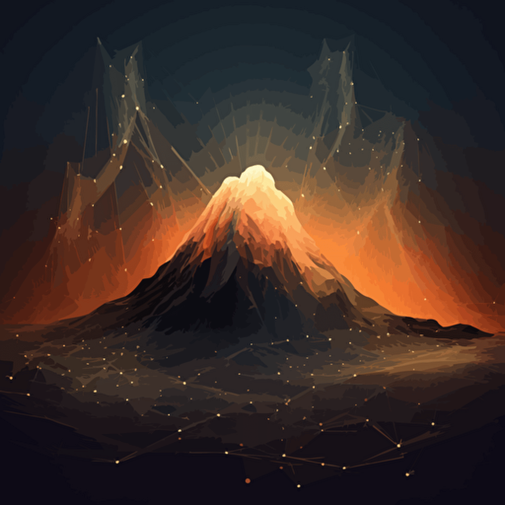 a glorious and aesthetic artwork of an abstract wireframe vector mesh volcano in a surreal setting