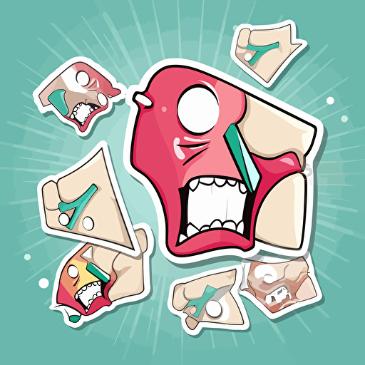 angry pieces of gum on a sticker sheet, vector, contour, flat,