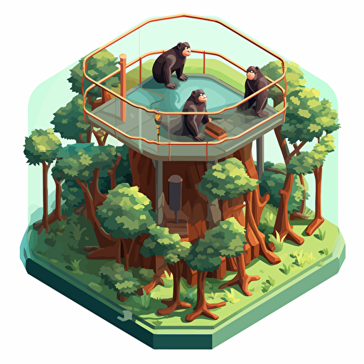 isometric cartoon vector image of a large primate enclosure with apes swinging on a large tree in the center with transparent background