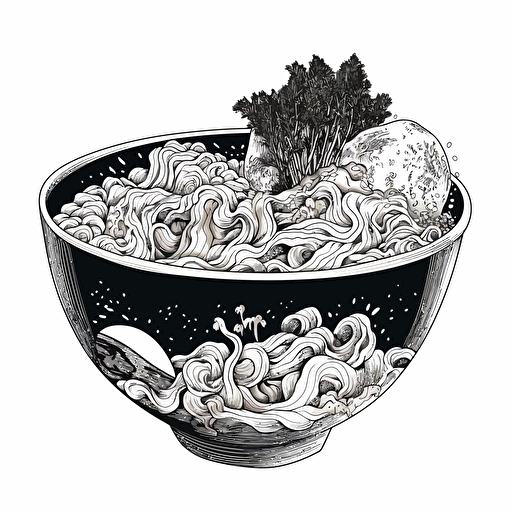 ramen bowl, black and white, vector art, white background