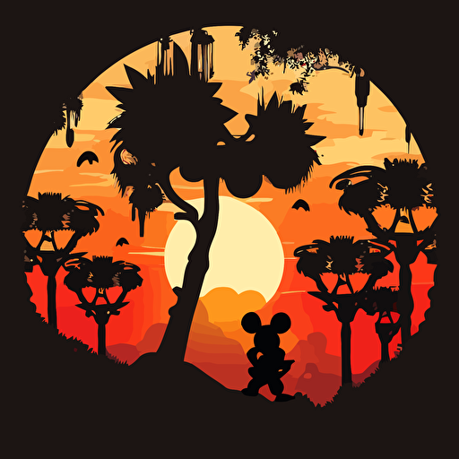 vector of a colorful sunset with the silhouette of Mickey Mouse