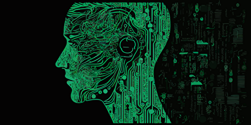 a circuit board in the shape of a human face on the right side of the image, artificial intelligence, high tech, flat vector style, simple