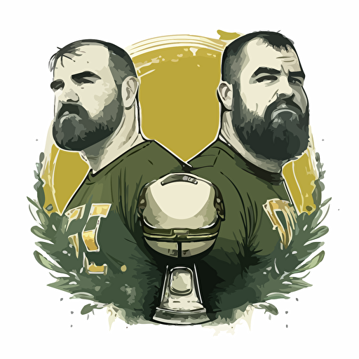 two brothers, Brozen Tundra, Lambeau Field, Green Bay Packers, looking tough,trophy, wearing green and yellow, wearing an oblong brown football, sports logo style, white background, vector