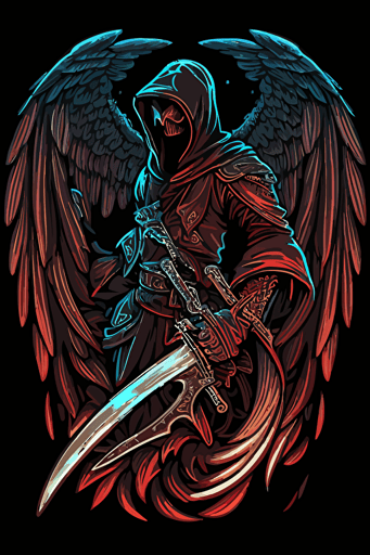 hooded reaper with sword and wings vector style moral patch