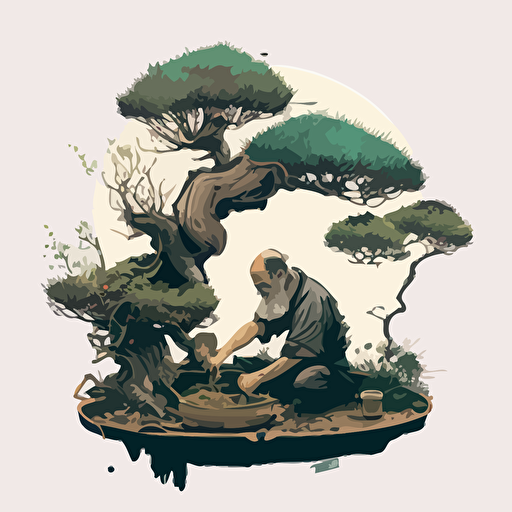 Drawing from the Japanese art of bonsai, design a vector illustration of Satoshi Nakamoto meticulously tending to his bonsai collection, carefully pruning and shaping the miniature trees. Set the scene in a serene garden surrounded by nature.
