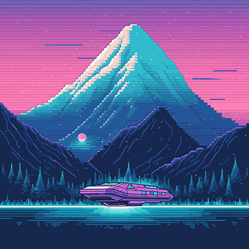 shuttle in front of lake Louise mountain logo, pixel art Neon, pink blue white and black, vector simple, fun, creativity, playfulness, high quality