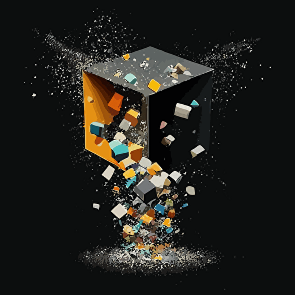 simple logo, minimalist, cuded vectorized that makes up a funnel, gray and black colors on the exterior print layer , delicacy, interlayer of 1/2 size small muilti-colored cubes inside falling out of the cube, with different shades, black background