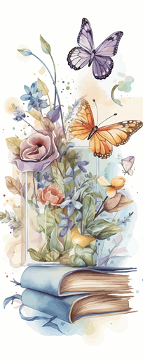 watercolor vector art, pastel colors, abstract, pretty books, butterflies, flowers, plants,
