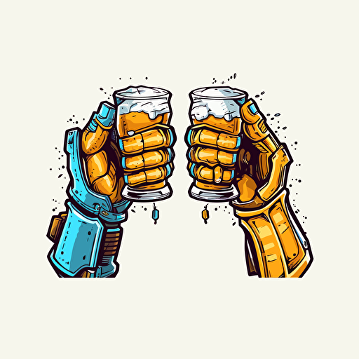 arm of a robot cheers beer with arm of a man, cartoon graffiti, vector, no background