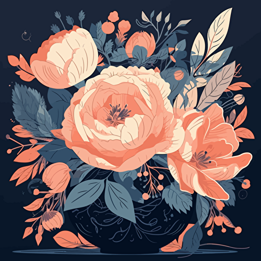 3 flat colors vector illustration of blush and indigo flower arrangment