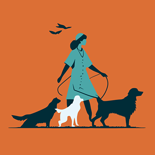 a siluethe of a female veterinary with dogs playing around her, vectorized, minimalist