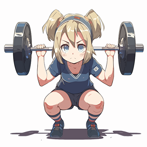 sweating anime girl wearing sbd gear doing squatting exercices, eight plate on bar, facial expression displayed a strained expression, three quarter shot, high intensity training, smart composition to centralize the scene and give a sens of depth to te picture, no background