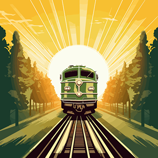 vector illustration of train, front view, sun behind and trees