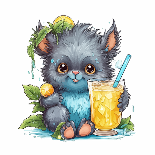 cute creature with a glass of lemonade, summer highly detailed colorful, vector art, white background, ghibli studio style