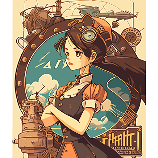 2d vector, anime, studio ghibli, 1950s advert, portriat. steam punk