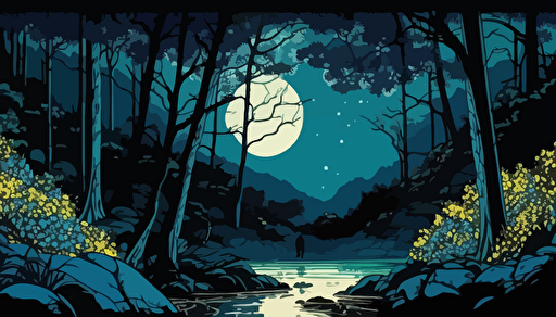 a panel from a Shōnen manga depicting a large blue lagoon, crystal clear water, surrounded by beautiful forest, fireflies, magical scenery, moonlight, color pop, flat vector art, bright colors, high resolution
