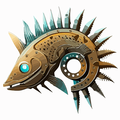 brand identification symbol, mechanical aggressive fish, gear, guide, no text, simple colours, vector based,