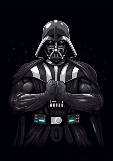 Darth Vader flexing biceps, minimalist logo, black background, 2D flat vector, standing in a powerful pose