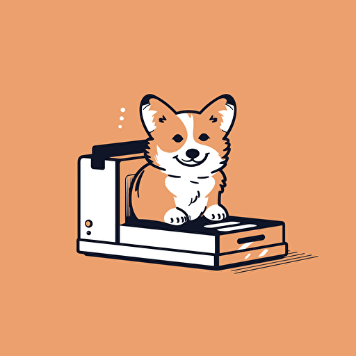 cute dog sitting down with paws on an open printer, side view, vector illustration, minimal style