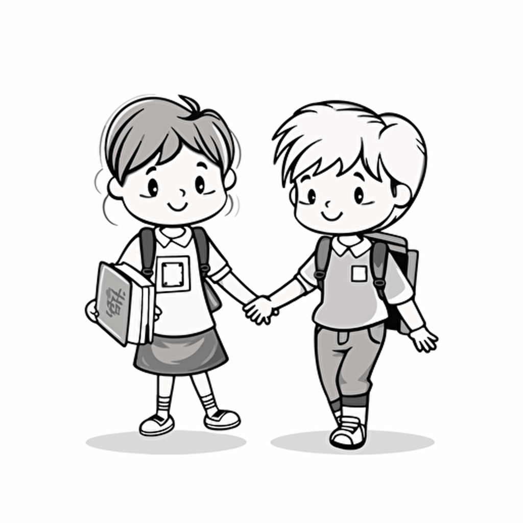 black on white made of plastic vector of cute boy and girl 4 years of age holding hands with school books
