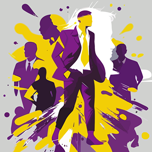Modern, vector, illustration of heroic clever non-binary person following passion and business mission. In colors purple, yellow, gray and white.