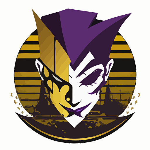 a poker ship whit a cute vectorised joker head, logo minimalist, purple, yellow gold and black