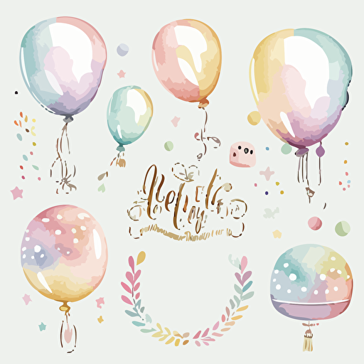 set of cute watercolor pastel foil balloons, vector, clipart, white bacjground
