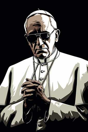 pope francis, wearing a white stylish trendy collared lapel dress suit, black background, 80s comic style vector poster,