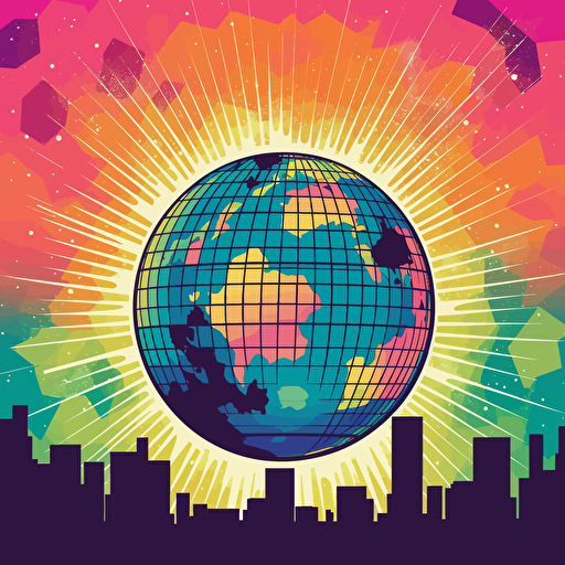 design a awesome retro poster, with retro colors a disco ball, vinyl records, vector, pink floyd style