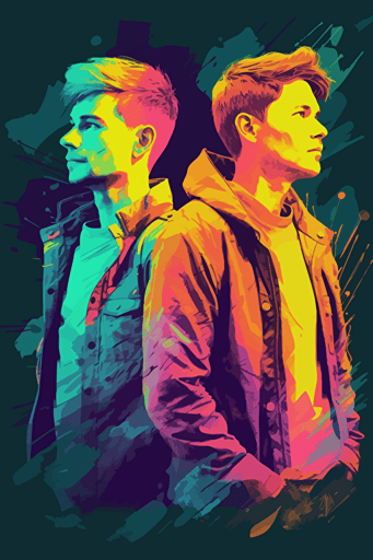 an old real picture of a young gay couple with colorful vector illustrations interventions