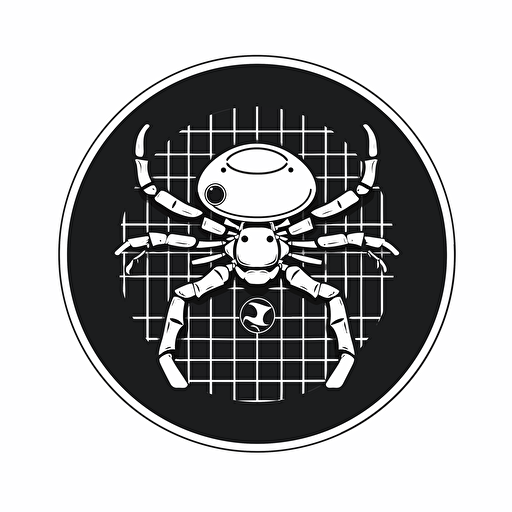 a minimalistic 2d logo image for an AI company of an araneus spider crawling on a tennis racket, black and white, vector, dynamic, cyberpunk, award-winning