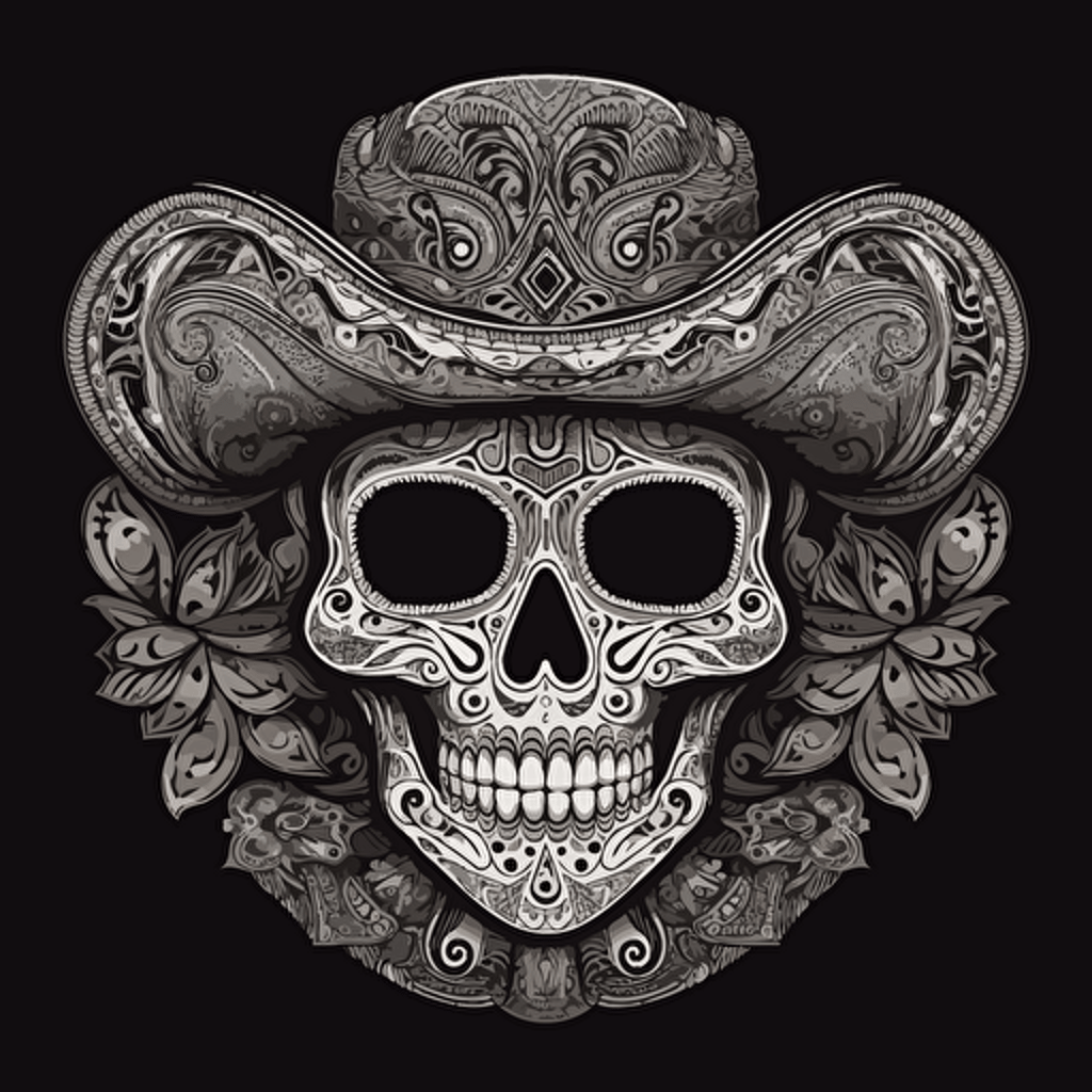 masked mexican scull, sombrero, bandana, vector, mask, black and white, detailled, vector art, ornament, background mexican ornament
