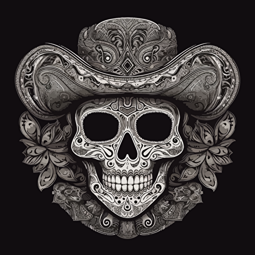 masked mexican scull, sombrero, bandana, vector, mask, black and white, detailled, vector art, ornament, background mexican ornament