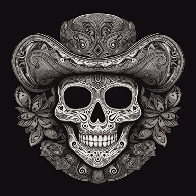 masked mexican scull, sombrero, bandana, vector, mask, black and white, detailled, vector art, ornament, background mexican ornament