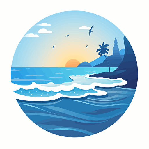 Simplified stylized beach scene inside a token circle, vector style logo, blue sea colour background, white border wrapped around the beach, HD